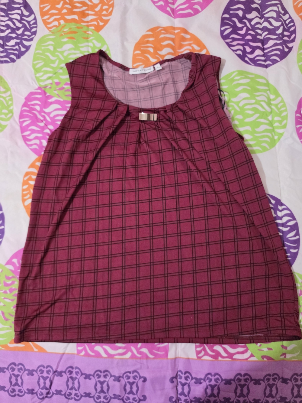 Large Womens Notations Burgundy Plaid Sleeveless Tank with Bow Detail